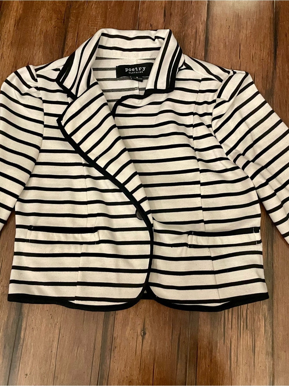 Poetry Black and White Striped Cropped Blazer with Contrast Piping